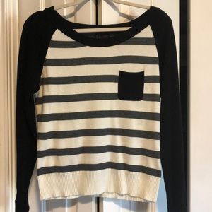 Black Grey and White Striped Sweater With Pocket